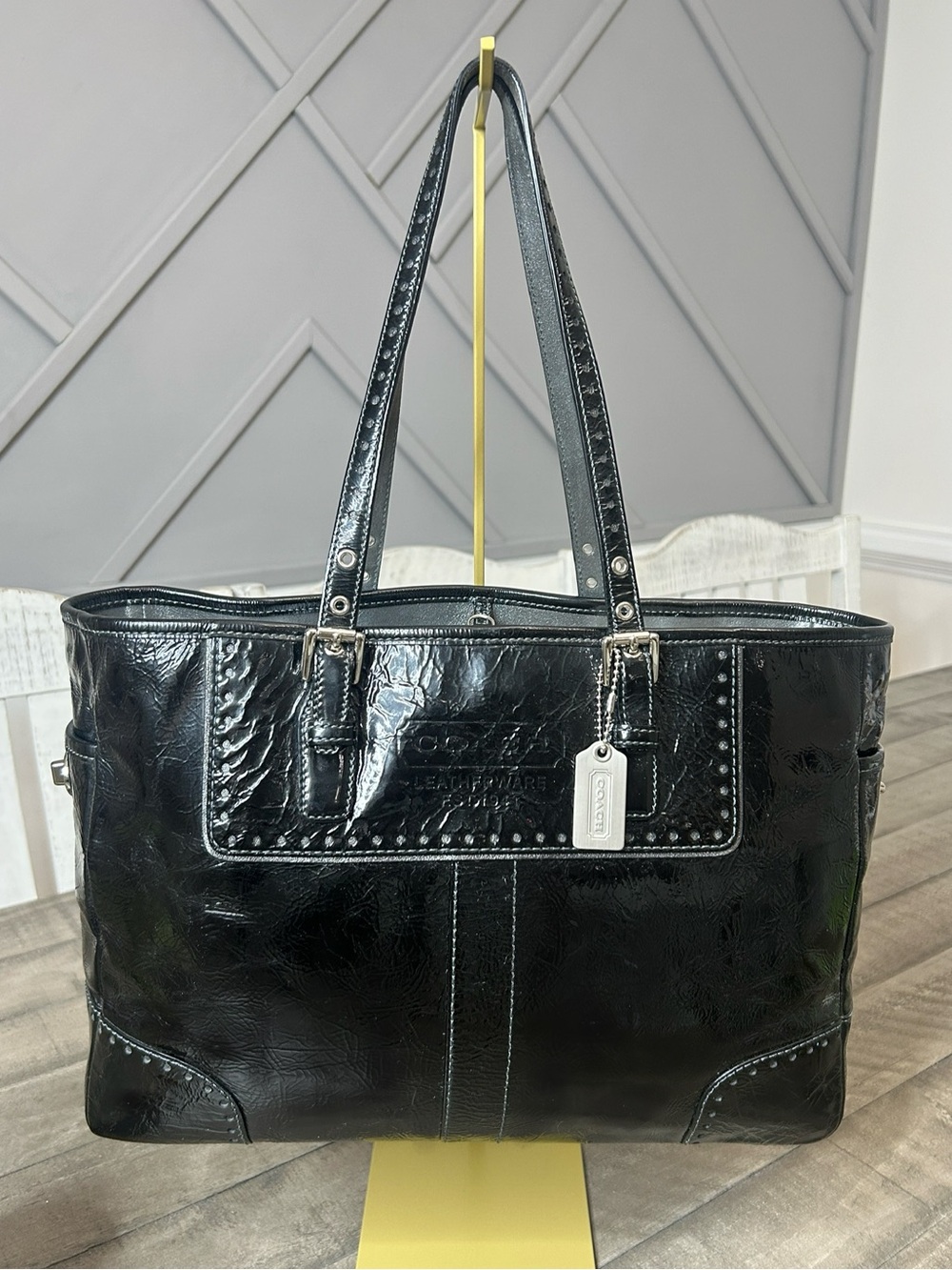 Vintage Coach Black Crinkled Patent Leather Tote Satchel Bag 1433 Turnlock